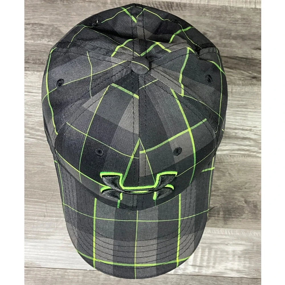 Under Armour Plaid Baseball Cap Hat Grey Black Neon Green Grid Embroidered Logo